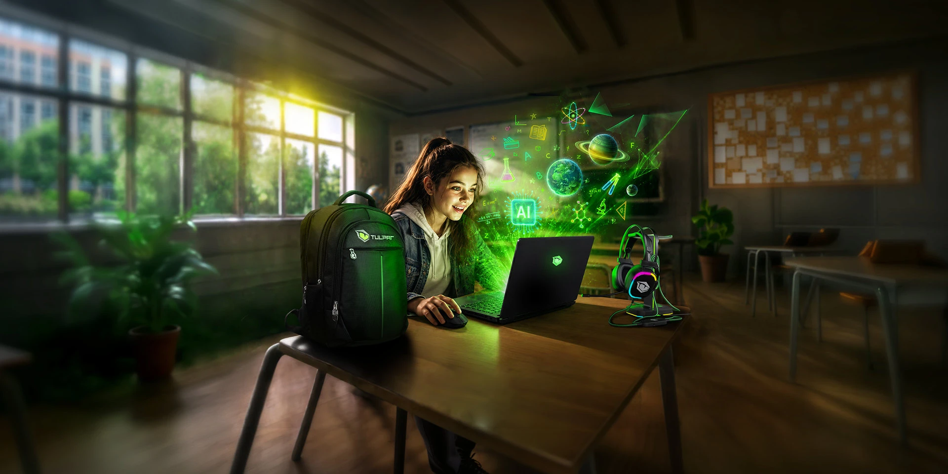 Schülerin am Schreibtisch mit Tulpar Gaming-Notebook, Rucksack und Headset